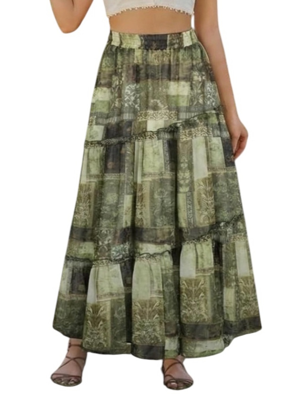 SCARLET DARKNESS Bohemian Olive Green Patchwork Maxi Skirt XL